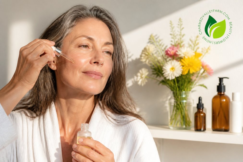 Woman in her 50s with peaceful expression applying a botanical skincare serum to her cheek, soft natural morning light streaming across her face, with fresh flowers and organic skincare bottles on a minimalist white shelf