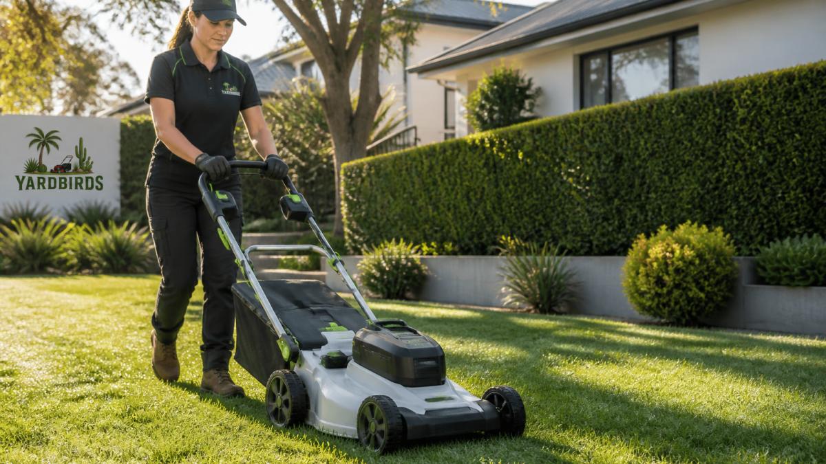 Professional gardener using electric equipment for organic lawn maintenance on a sunny, dew-covered morning.