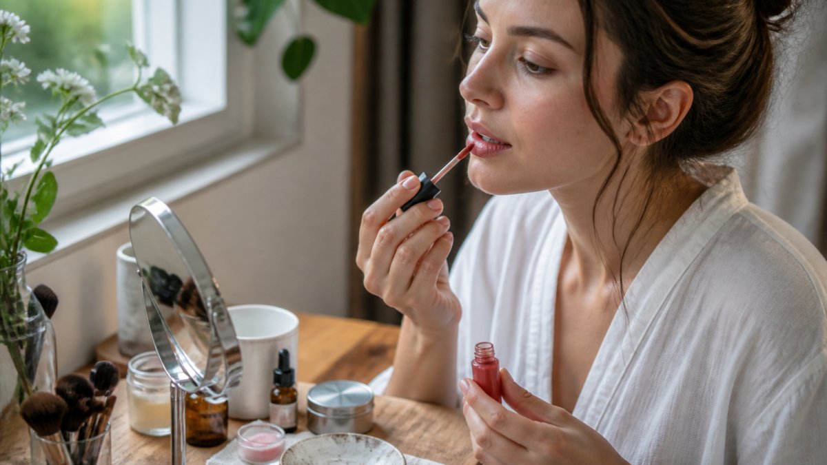Close-up of hands applying organic lip stain with a brush applicator to lips, demonstrating light layering technique for a natural flush effect in natural morning light