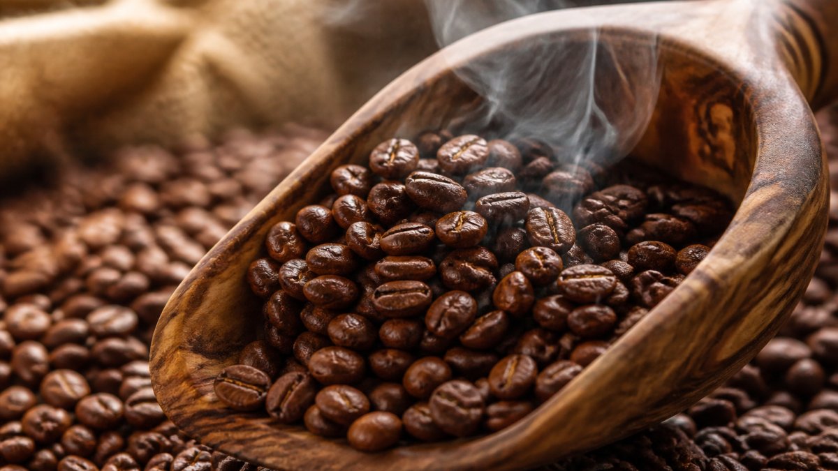 Close-up of freshly roasted organic coffee beans in a wooden scoop with steam rising, emphasizing quality and richness of color and texture