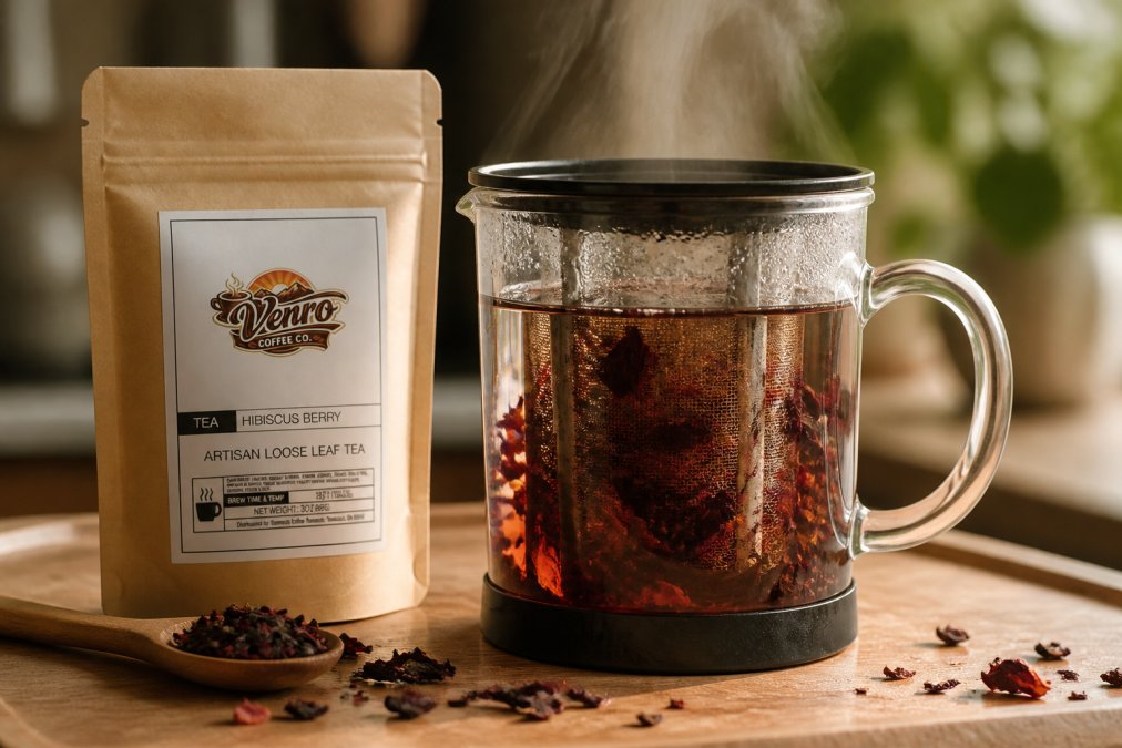 Close-up of loose leaf tea steeping in a glass infuser with hot water, steam rising visibly, showing individual tea leaves unfurling and releasing color into the clear water