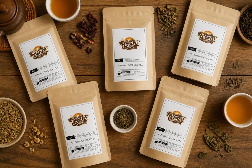 Overhead flat lay of multiple loose leaf tea varieties in kraft pouches arranged on a wooden surface with brewing cups nearby and dried tea leaves scattered artfully, showing vibrant colors and textures