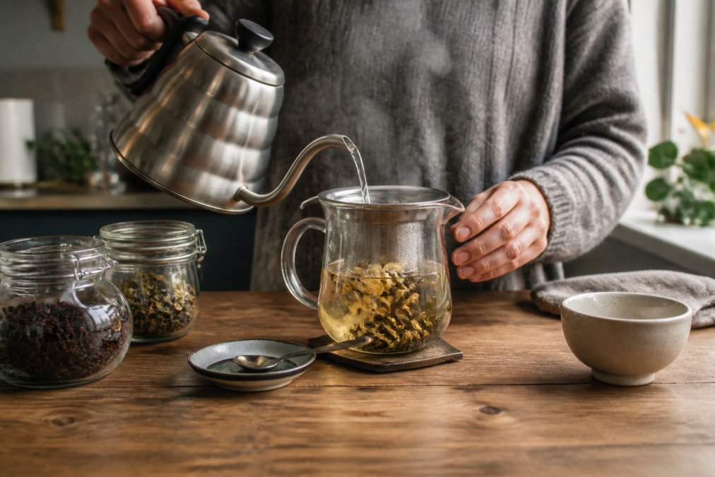 Close-up of hands pouring hot water over loose leaf tea in a glass infuser, with steam rising and whole leaf pieces visible expanding in the water