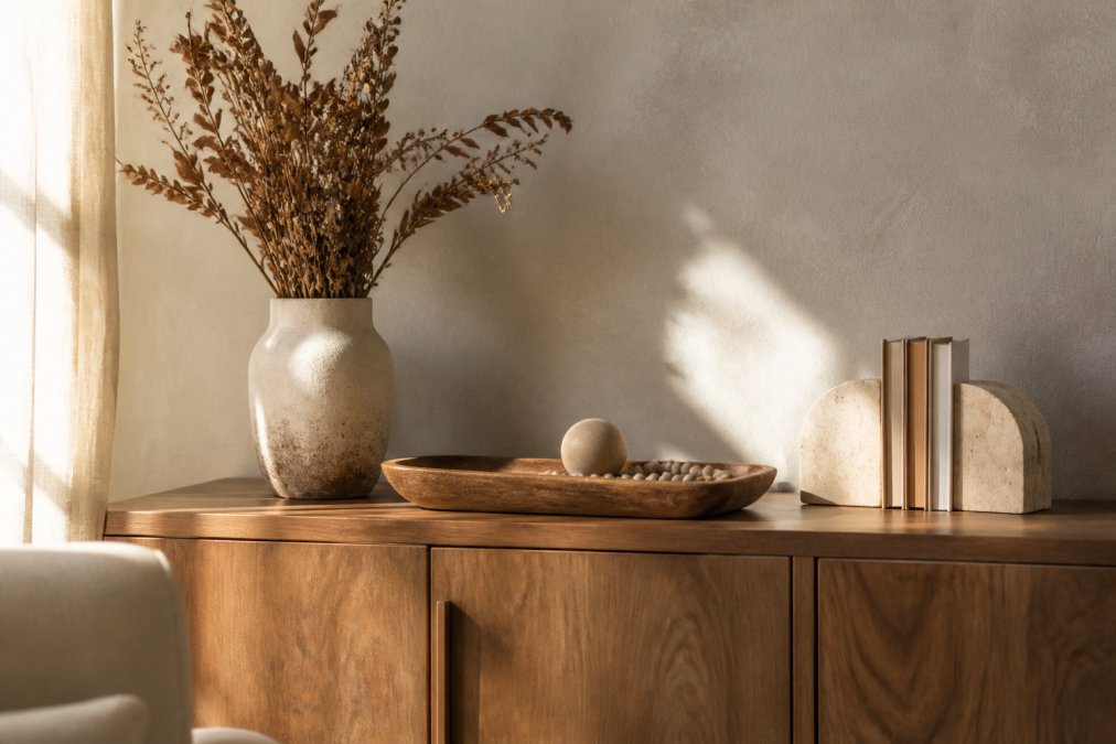 A styled living room console featuring natural travertine arch bookends, a sculptural ceramic vase with dried botanicals, and a solid acacia wood decorative tray arranged with soft neutral objects, photographed in warm natural afternoon light