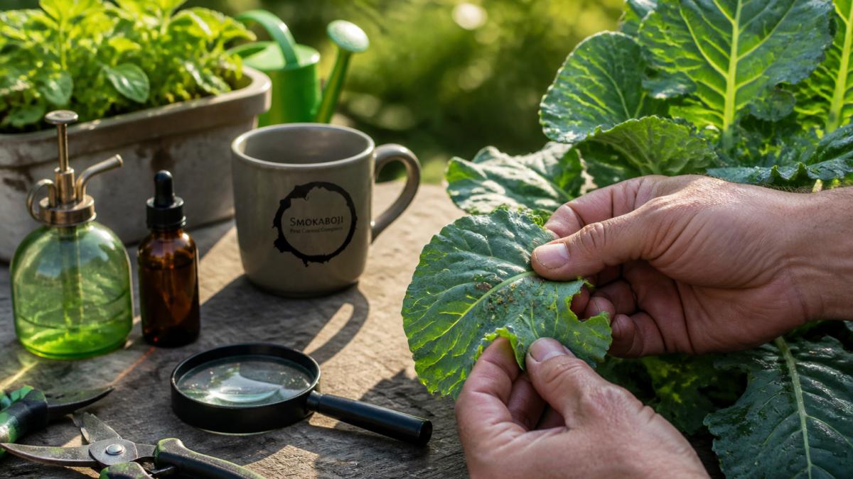 Close-up of a gardener's hands inspecting vegetable plant leaves, revealing aphids and soft-bodied insects clustered on the leaf surface under morning sunlight