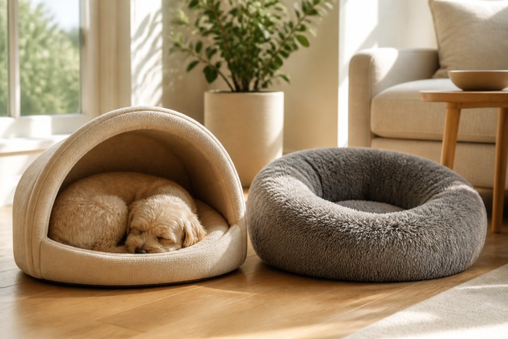 A small dog curled up asleep inside a semi-enclosed nest-style pet bed on a hardwood floor in a bright living room, soft afternoon light through a window