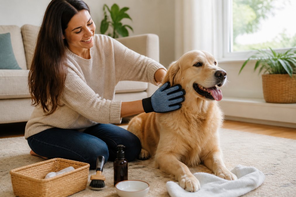 A pet owner gently brushing a relaxed golden retriever with a silicone grooming glove in a bright living room, with natural light coming through a window