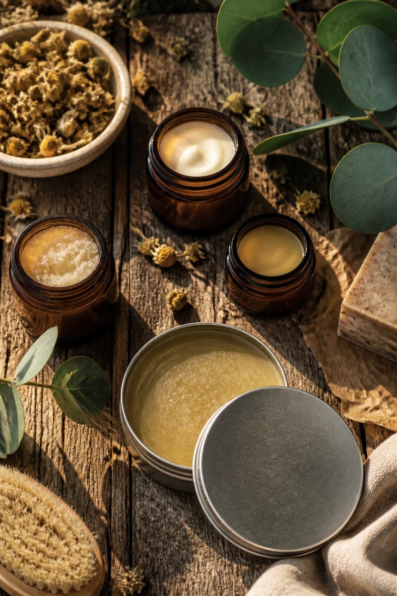 Flat lay of natural skincare products in minimal glass and paper packaging, small amber glass jars, a solid tallow balm tin, dried chamomile flowers, and green eucalyptus leaves arranged on a reclaimed wood surface in warm afternoon light