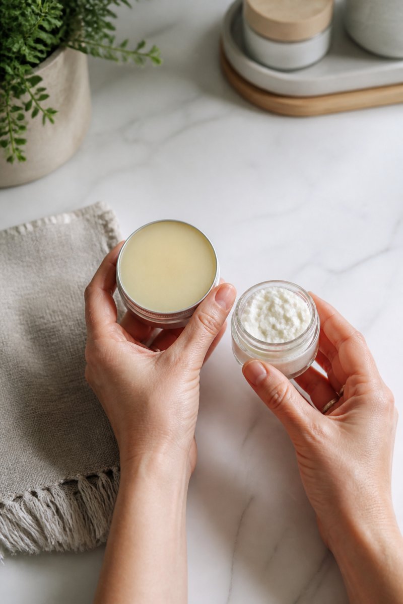 Close-up of a person's hands holding a solid tallow balm tin and a small glass jar on a clean white marble countertop beside a folded reusable linen cloth, soft natural window light illuminating the textures