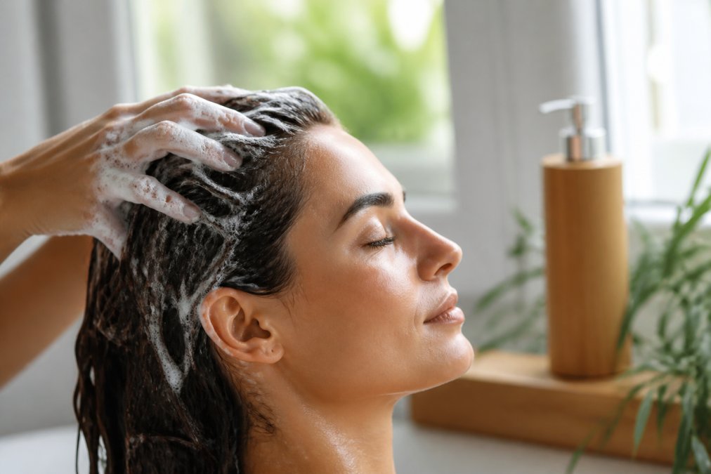 Close-up of hands massaging a rich, creamy lather into the scalp of a woman with healthy, shiny hair, a bamboo and glass bottle of organic shampoo blurred in the background, soft natural window light