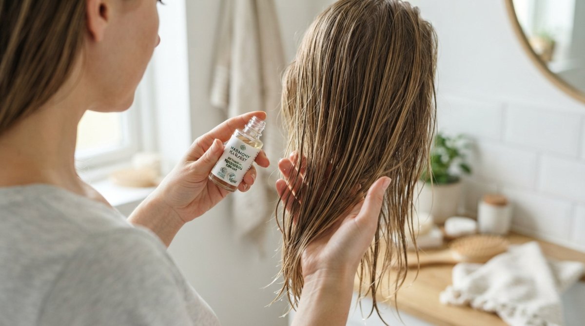 Close-up of hands applying lightweight serum or leave-in conditioner to damp fine hair, with natural light highlighting the hair texture