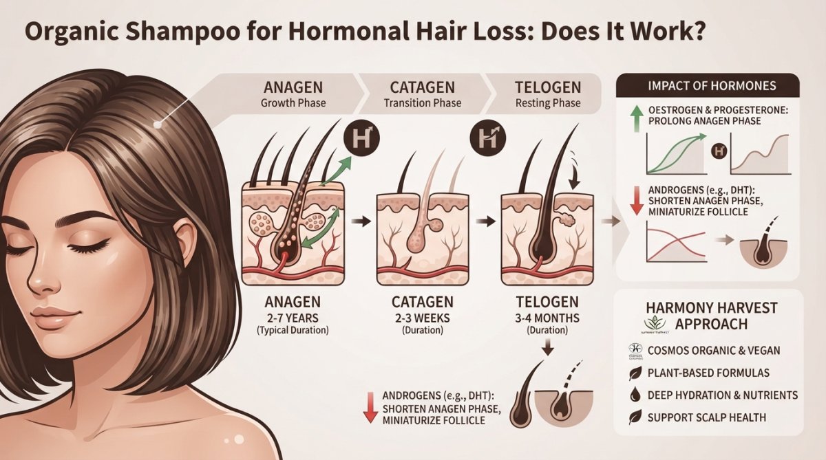 Professional illustration showing organic shampoo for hormonal hair loss