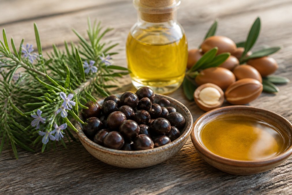 Close-up of natural botanical ingredients including rosemary sprigs, saw palmetto berries, and golden argan oil in clear glass containers arranged on a weathered wooden surface with soft afternoon light