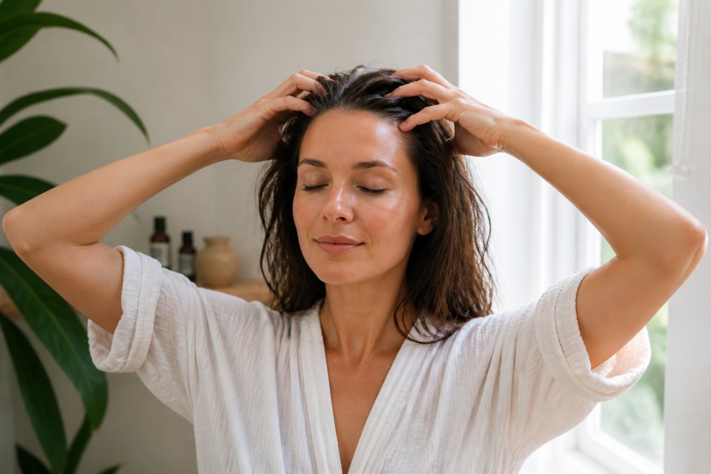 Woman with eyes closed, gently massaging her scalp with fingertips using slow circular motions, demonstrating proper scalp care technique in soft natural window lighting