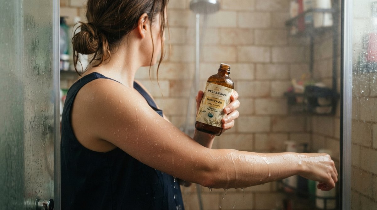 Person applying organic shower oil to wet skin while standing in a steamy shower, water droplets visible on their arm and the bottle, with steam rising in the background