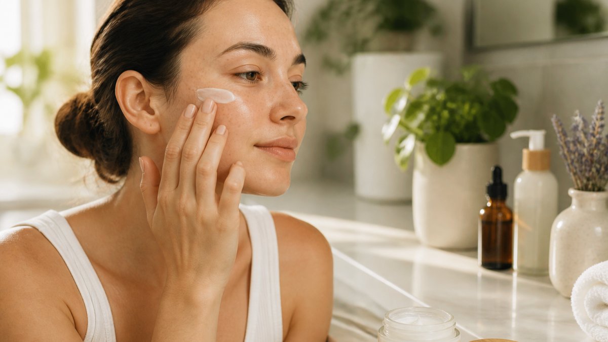 Close-up of hands applying a gentle moisturizer to clean facial skin, with natural light and skincare products visible on a bathroom counter