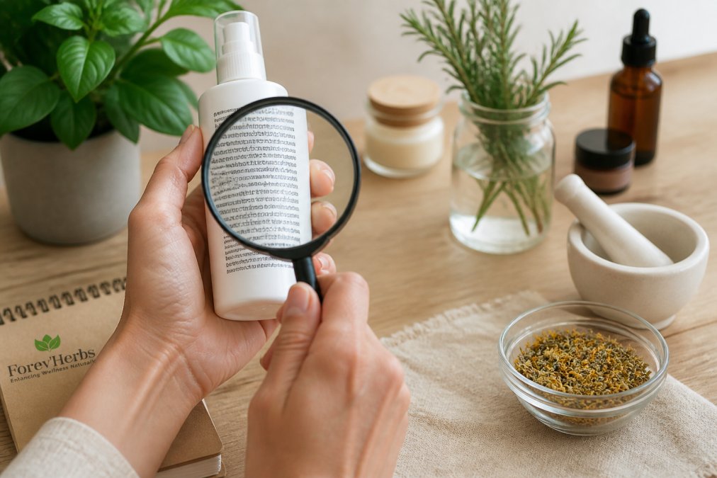 Close-up of hands holding a skincare product bottle, examining the ingredient label with a magnifying glass in natural lighting