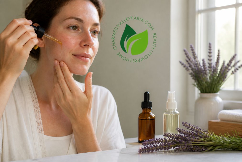 Woman gently applying facial oil to her cheek with lavender and skincare bottles on a bathroom counter