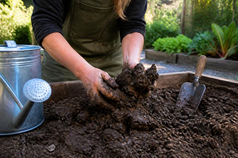Gardener crumbling moist clay soil in a raised bed to mix in organic soil conditioner for better drainage.