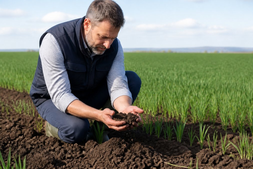 An agronomist crouching in an arable field, holding a handful of dark, rich soil and examining it closely, with rows of green wheat crop visible in the background
