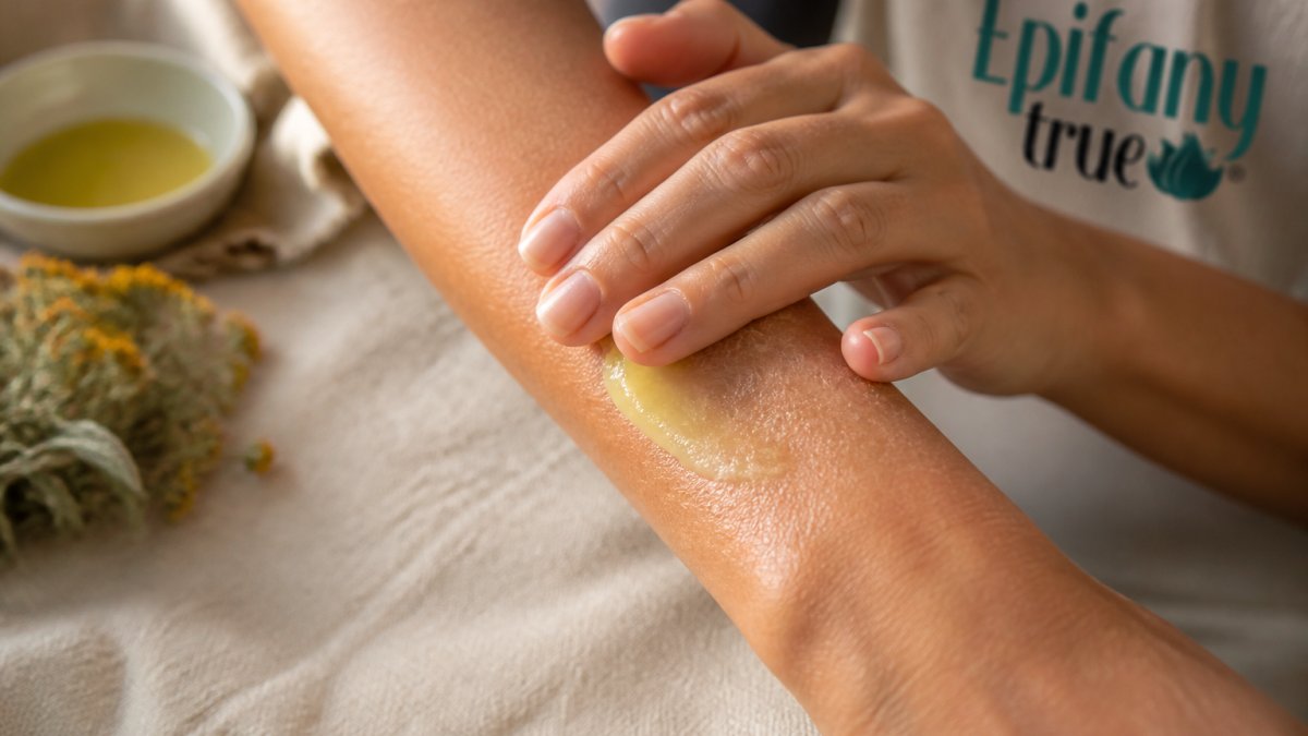 Close-up of hands gently massaging a rich botanical balm into dry skin on the forearm, showing the texture blending into the skin with natural morning light