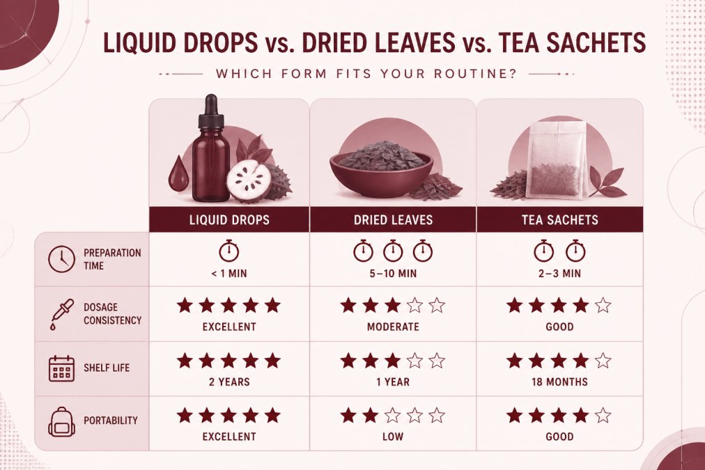 Comparison matrix of organic soursop formats, liquid drops vs. dried leaves vs. tea sachets, rated on preparation time, dosage consistency, shelf life, and portability