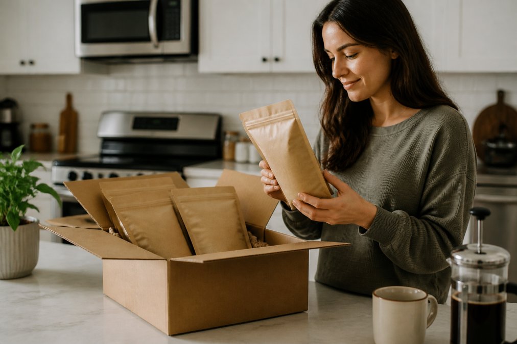 Coffee subscription package being opened at a kitchen counter, whole bean bags visible inside with origin labels, person inspecting the delivery contents with satisfaction