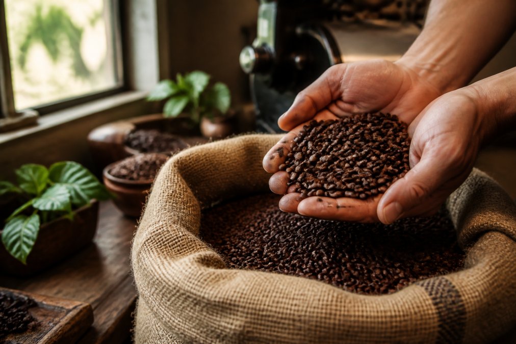 Close-up of freshly roasted coffee beans in a burlap sack with origin label visible, hands holding a handful of whole beans, warm natural lighting from a window