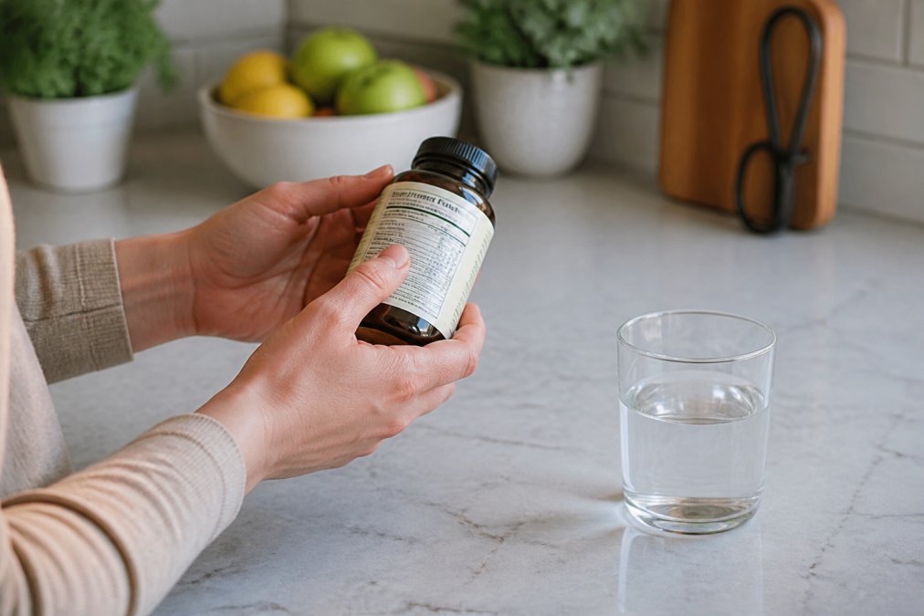 Hands holding an organic supplement bottle with visible label and ingredients, with a glass of water on a clean kitchen counter