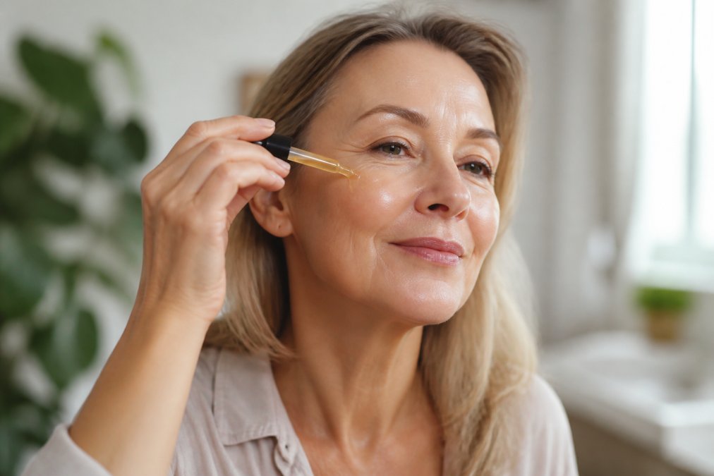 Close-up of a woman in her 50s with glowing skin gently applying a drop of golden serum to her cheek, soft natural window light