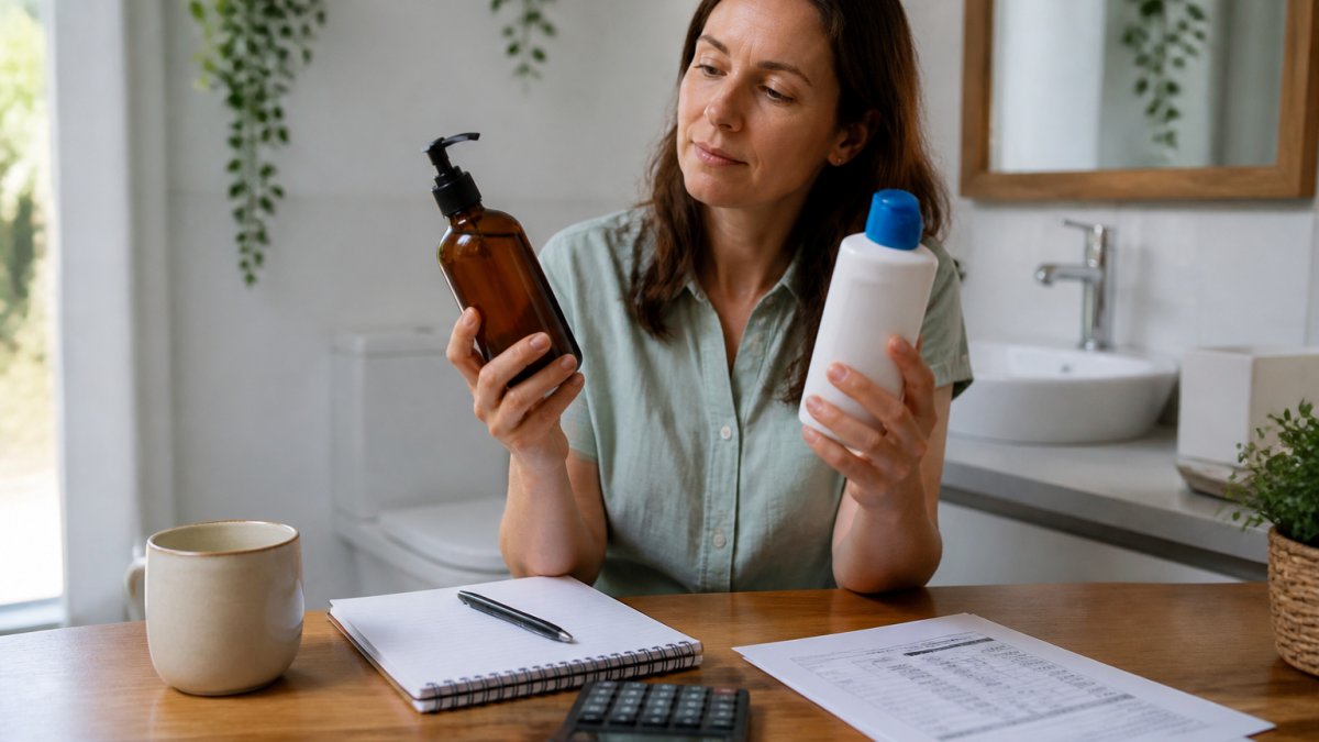 A woman in a bright bathroom holding two shampoo bottles side by side, one amber glass pump bottle and one standard plastic bottle, comparing them with a thoughtful expression