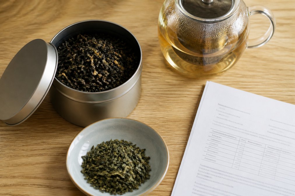 Overhead shot of loose leaf tea in an open tin beside a glass teapot, a small bowl of dry green leaves, and a paper Certificate of Analysis document on a light wooden counter