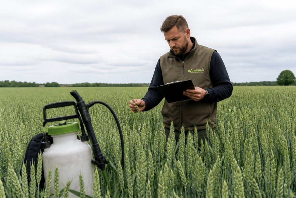 A field agronomist in practical workwear holding a clipboard and inspecting a wheat crop, with a knapsack sprayer visible in the foreground, bright overcast daylight