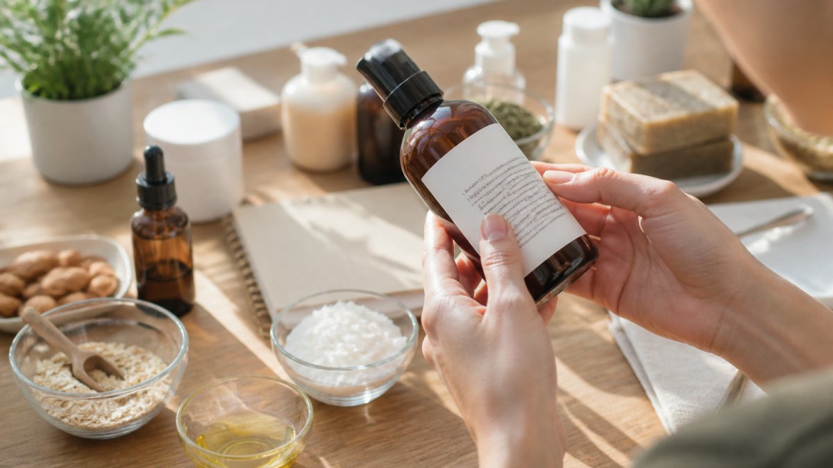 Person holding a skincare bottle and examining the ingredient list in natural sunlight