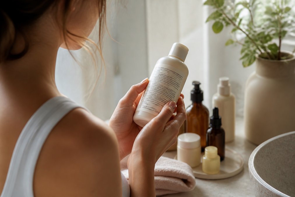 Woman reading ingredient label on a bottle to compare organic vs synthetic skincare products
