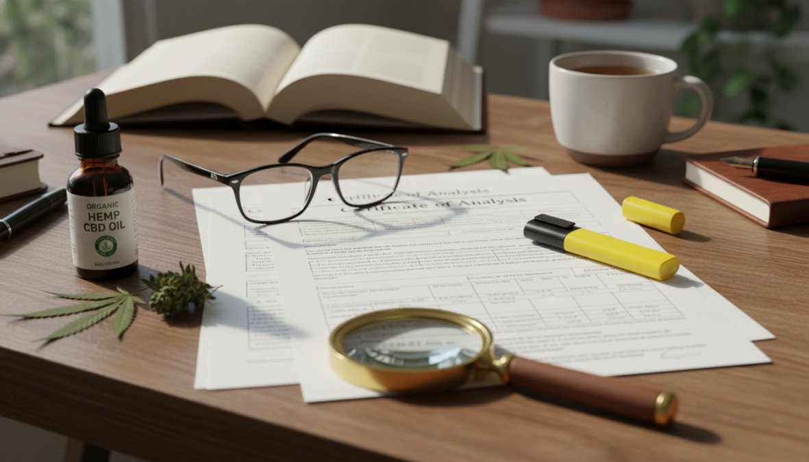 A person sitting at a wooden desk reviewing a printed lab report document alongside a small amber CBD tincture bottle, with reading glasses and a yellow highlighter nearby, warm desk lamp illuminating the papers