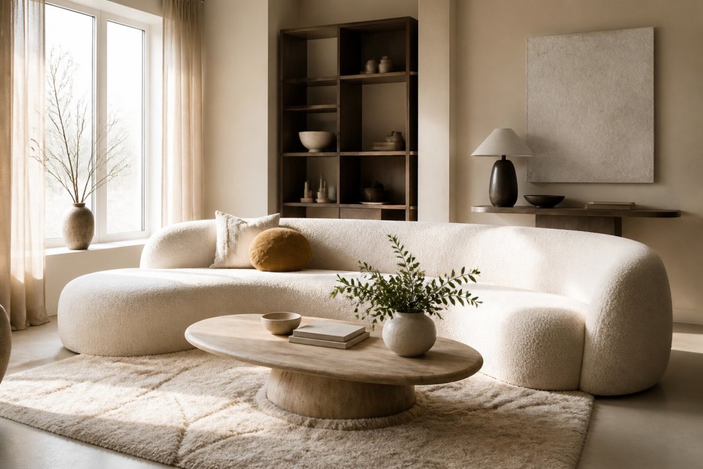 Een lichte woonkamer met een halfronde stoffen bank met zachte rondingen, een salontafel en een vloerkleed, daglicht valt naar binnen