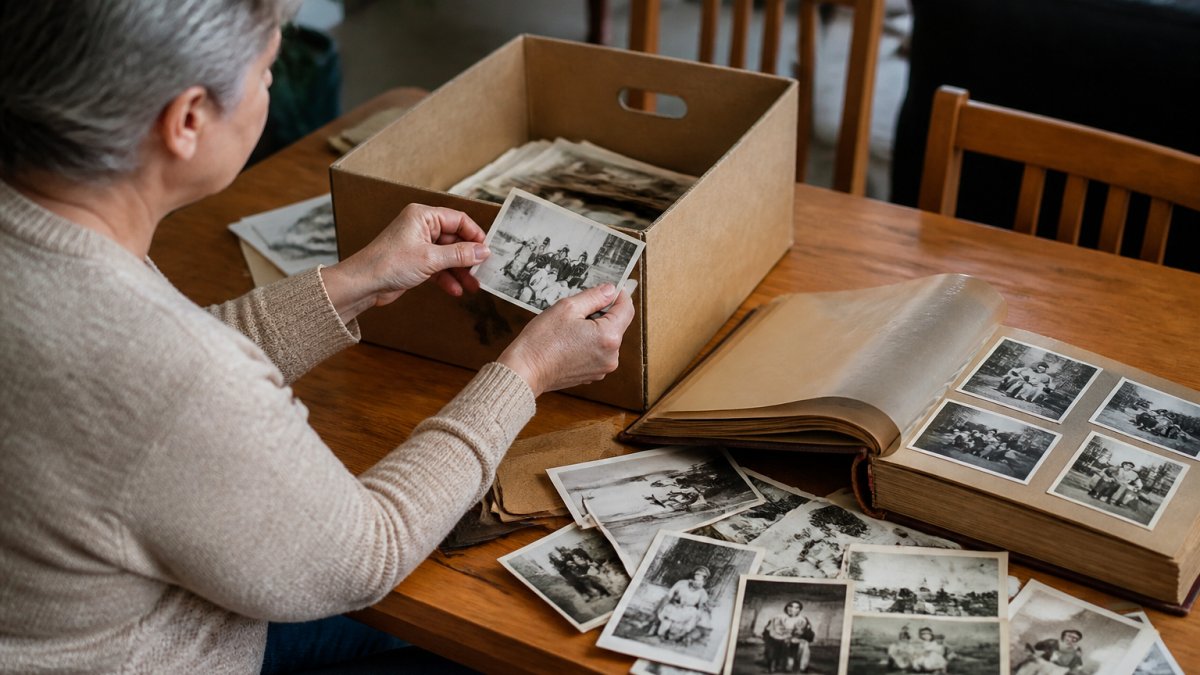 Older adult carefully removing photographs from a vintage cardboard box and old photo album, with scattered prints on a wooden table nearby