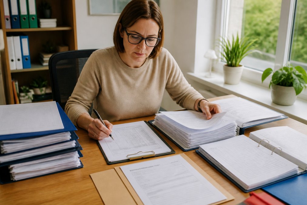 Nauczyciel przygotowujący dokumenty wycieczki szkolnej przy biurku z plikami, checklist i formularzami zgód rodziców, naturalne światło z okna