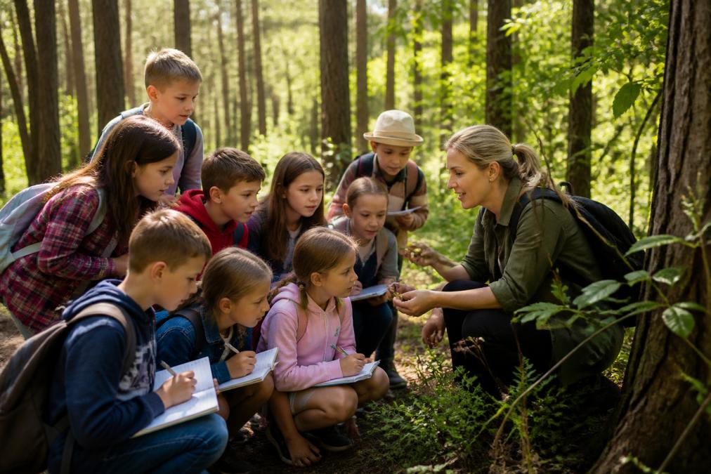 Nauczyciel z grupą dzieci podczas wycieczki edukacyjnej na szlaku leśnym, dzieci obserwują naturę i prowadzą notatki w zeszytach, słoneczna pogoda
