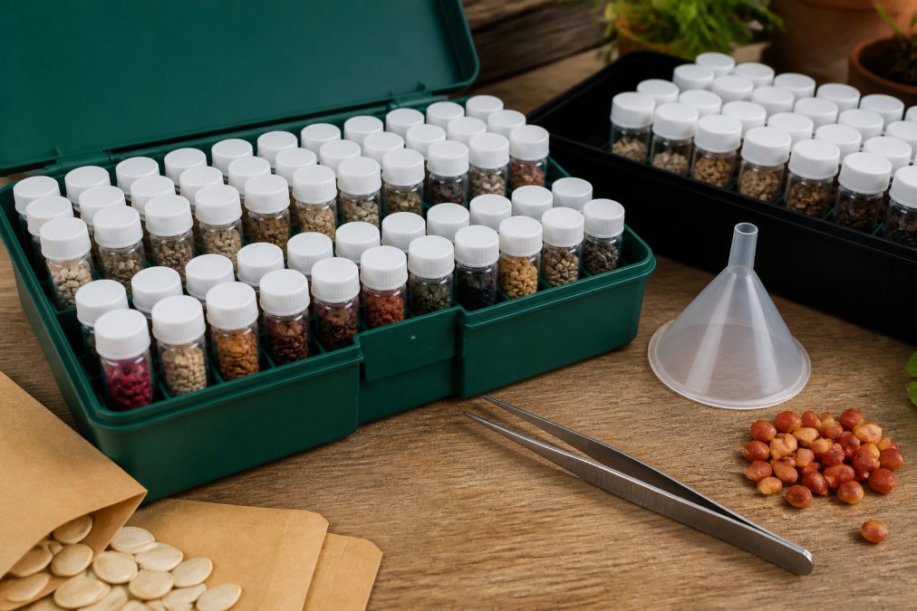 Close-up view of organized seed storage containers with labeled vials, tweezers, and a funnel arranged on a wooden table with natural lighting