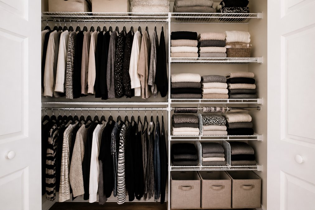 Neatly organized small bedroom closet with white wire shelving, vertical hanging space with two rods, tension rods on shelves, and folded items separated by shelf dividers