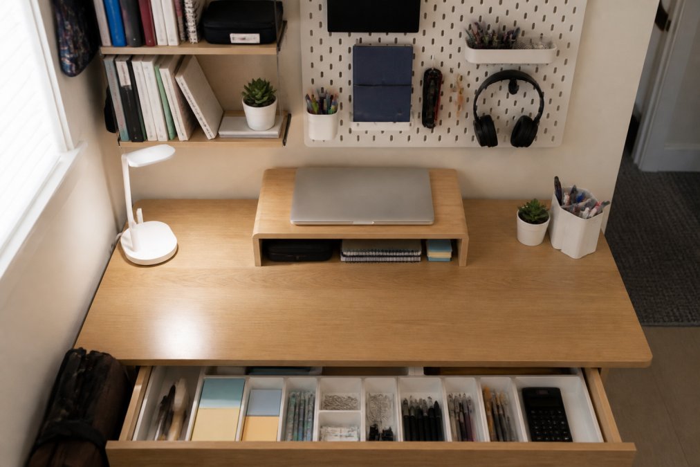 Well-organized small student desk photographed from above, showing vertical wall shelves with textbooks, a monitor riser creating under-desk storage, pegboard with hanging items, labeled drawer dividers visible in open drawer, and a compact desktop with only essential items, natural window lighting