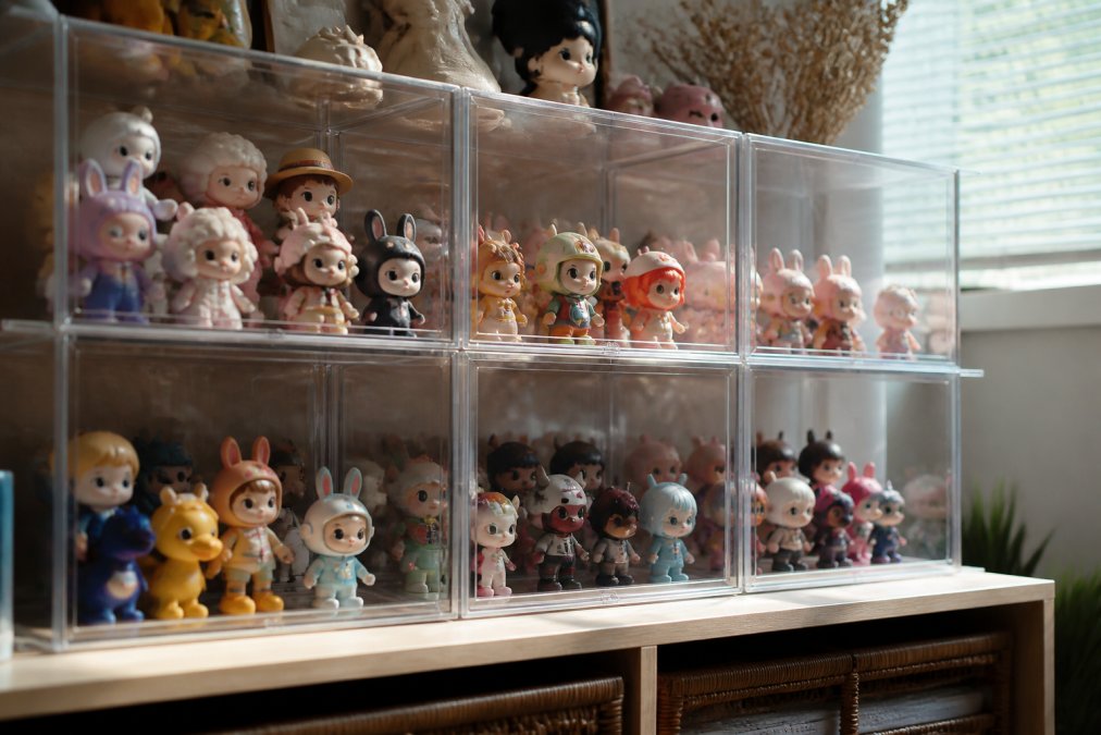 Close-up of acrylic display cases on a bedroom shelf holding blind box figures and vinyl toys, with natural light illuminating the figures inside the protective cases