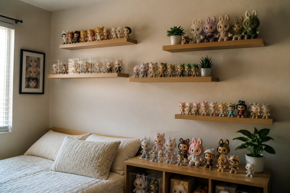 A well-organized small bedroom wall showing wall-mounted floating shelves with blind box figures displayed at different heights, demonstrating vertical space use and organized collection