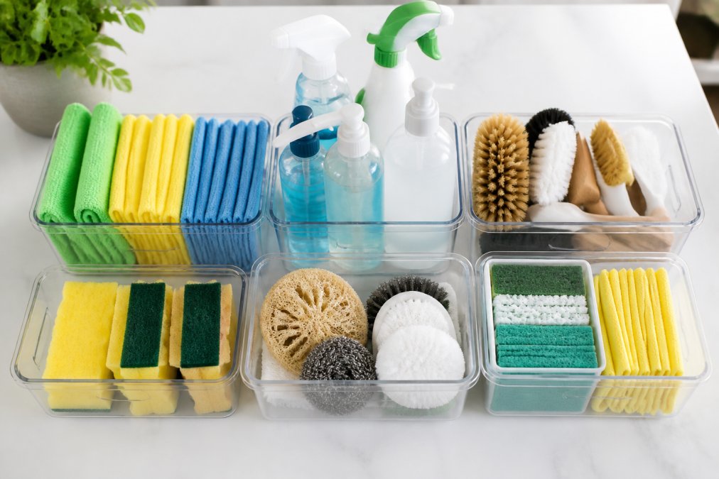 Close-up overhead view of organized cleaning supplies sorted into clear categories on a white countertop, showing microfiber cloths, spray bottles, brushes, sponges, and labeled containers neatly grouped together with natural lighting
