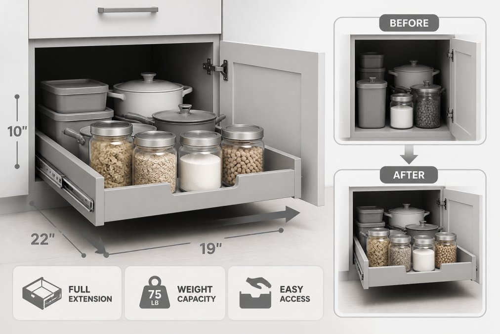 Close-up of a pull-out sliding shelf being extended from a deep kitchen cabinet, showing packaged items becoming accessible at the front