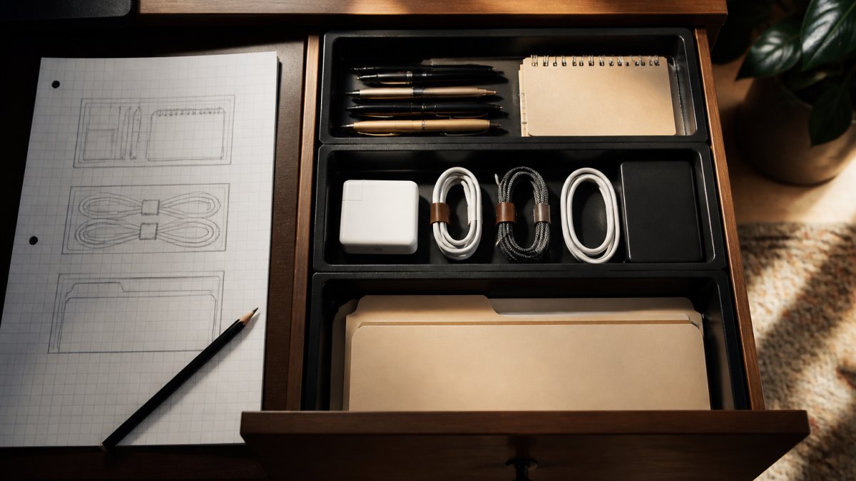 Overhead view of a measured desk drawer with a graph-paper layout sketch beside it, showing a top call-and-capture zone with pens and notepad, a tech zone with coiled cables secured by ties, and a paper zone with a slim folder