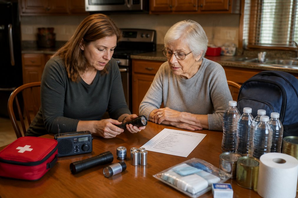 Caregiver and senior organizing a 72-hour emergency kit for home safety for elderly to prepare for disasters.