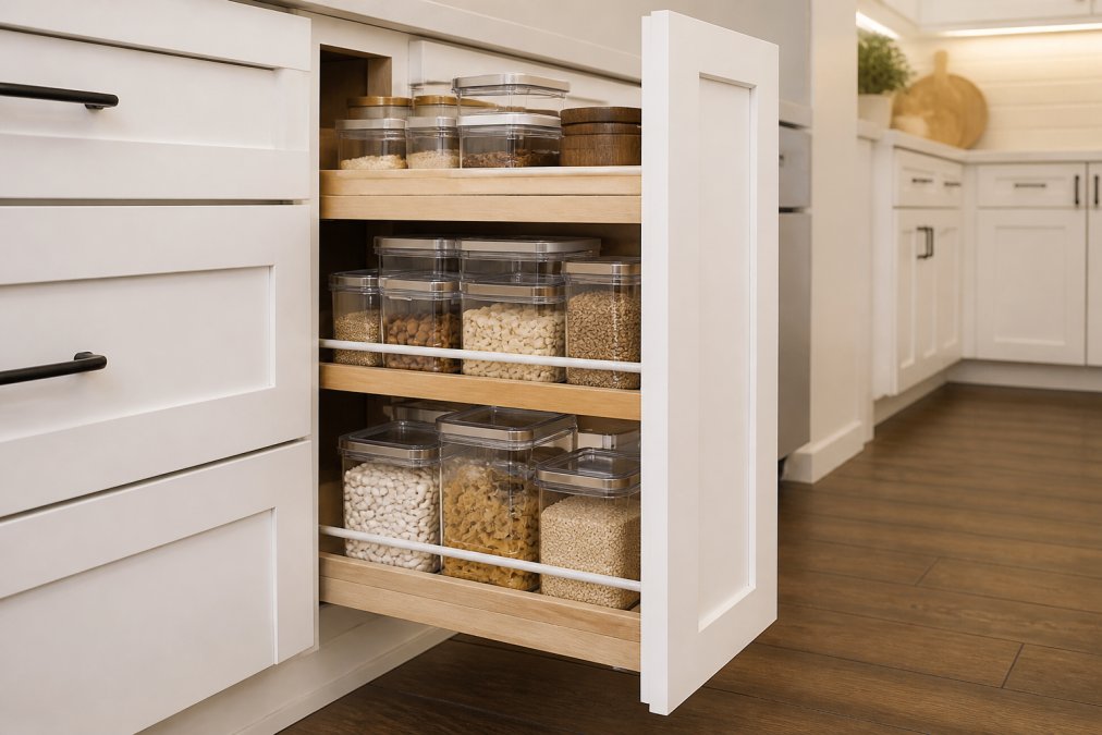 Open kitchen cabinet with multiple shelf levels, stackable clear containers neatly arranged on shelf risers creating additional storage tiers, organized dry goods and kitchen items visible on each level under warm kitchen lighting